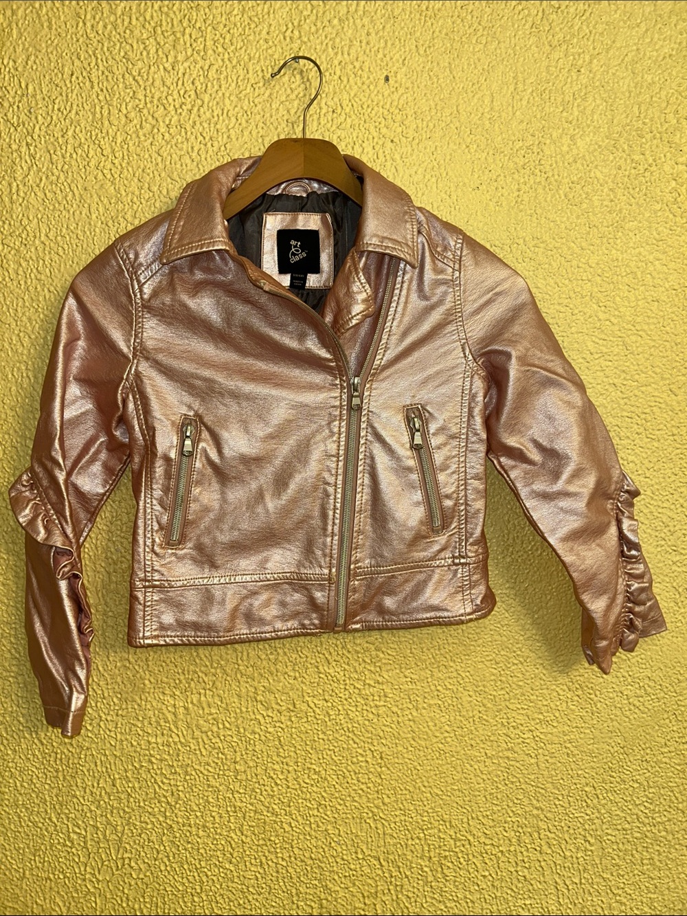 art class Metallic Rose Gold Faux Leather Moto Jacket for Kids